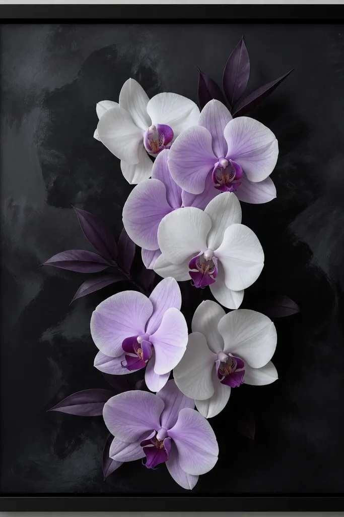 A sleek black frame with a matte black wash background. White and pale purple orchid petals are arranged in a vertical cluster, with a few dark purple leaves tucked behind. The orchids look crisp, and the background shows subtle brush texture.