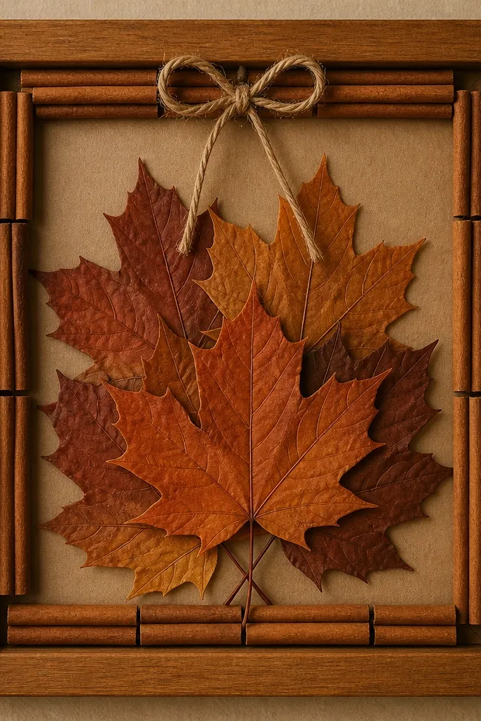 A warm wood frame with a tan backing. Dried maple leaves in orange and rust shades are layered in the center. A border of cinnamon sticks runs along the outer edge, and a thin twine bow hangs at the top.
