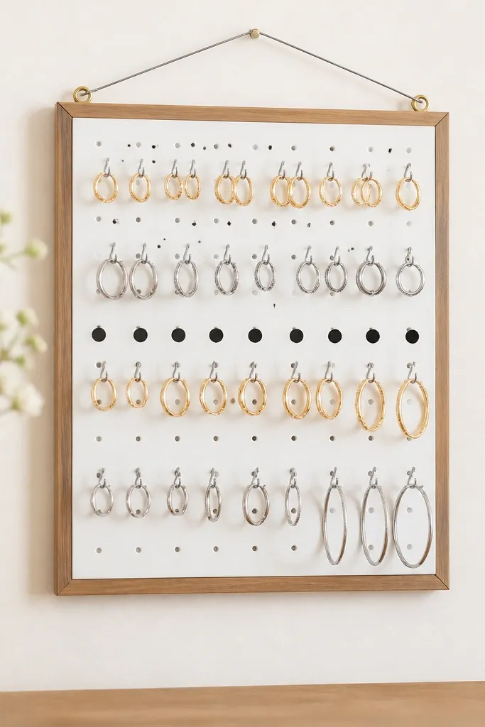 A small white pegboard panel mounted in a thin wood frame. Rows of tiny S-hooks hold gold and silver hoops, with one row labeled using black vinyl dots. The panel is 10 inches wide and hangs by two picture wire points.