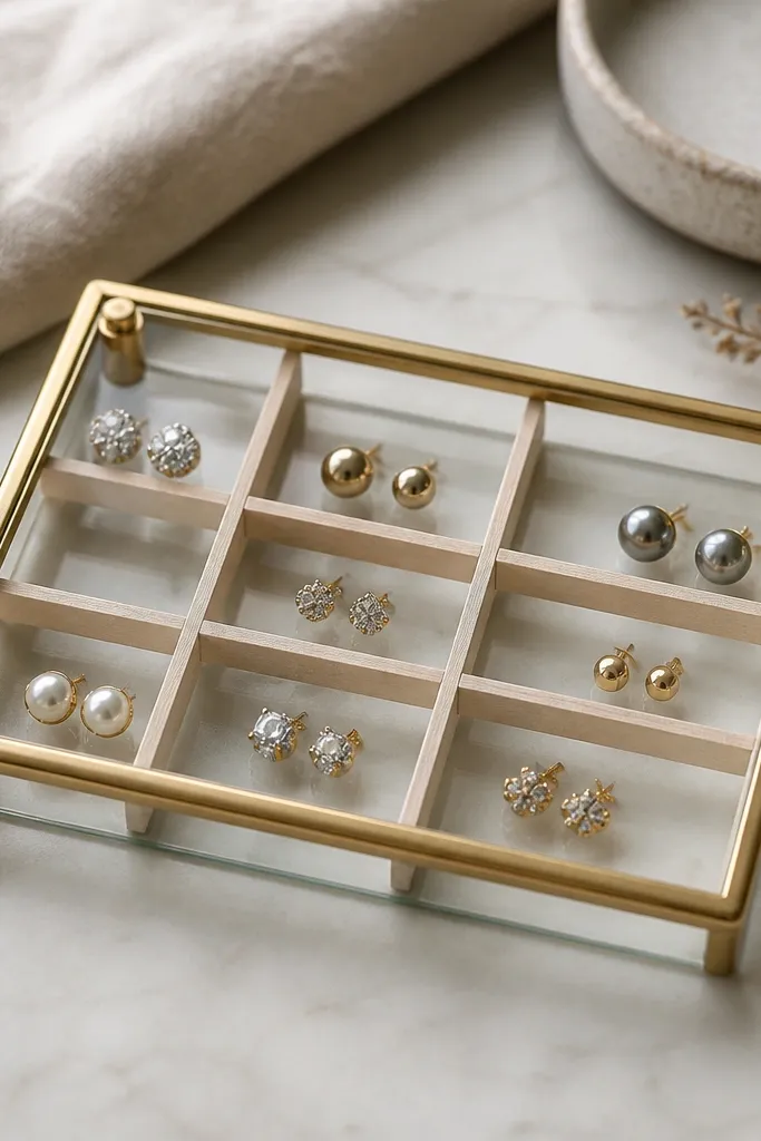 A shallow dish made from a glass picture-frame panel with a gold-painted rim. Inside are small compartments created by thin balsa wood strips, and a couple of stud pairs sit at the corners.
