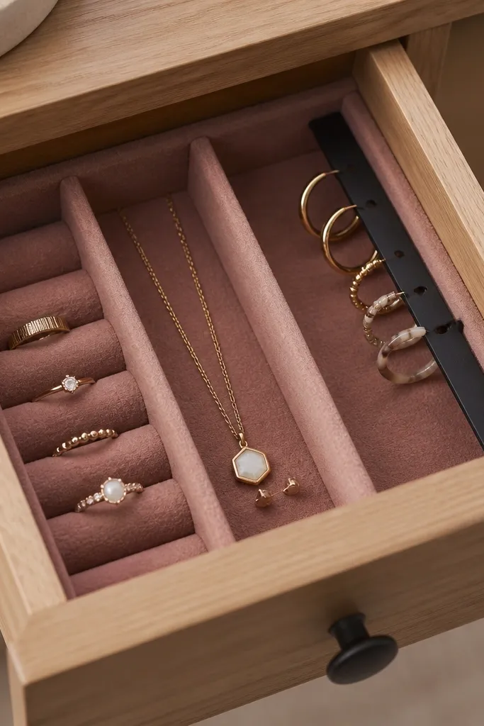 A small wooden drawer insert lined with dusty-rose felt. There are two felt divider sections and a thin black magnetic strip at the side holding a few hoop pairs by their metal loops.