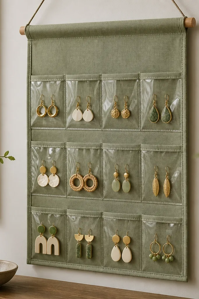 A fabric wall pocket organizer with three horizontal rows of clear plastic sleeves. Each sleeve holds a pair of earrings, and the fabric backing is a muted sage canvas.