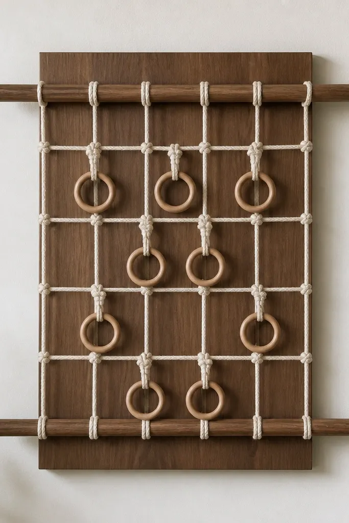 A small wooden panel with two dowels running horizontally. Twine is pulled in a grid pattern, and hoops hang from knots spaced evenly. The twine is off-white and the wood is stained walnut.