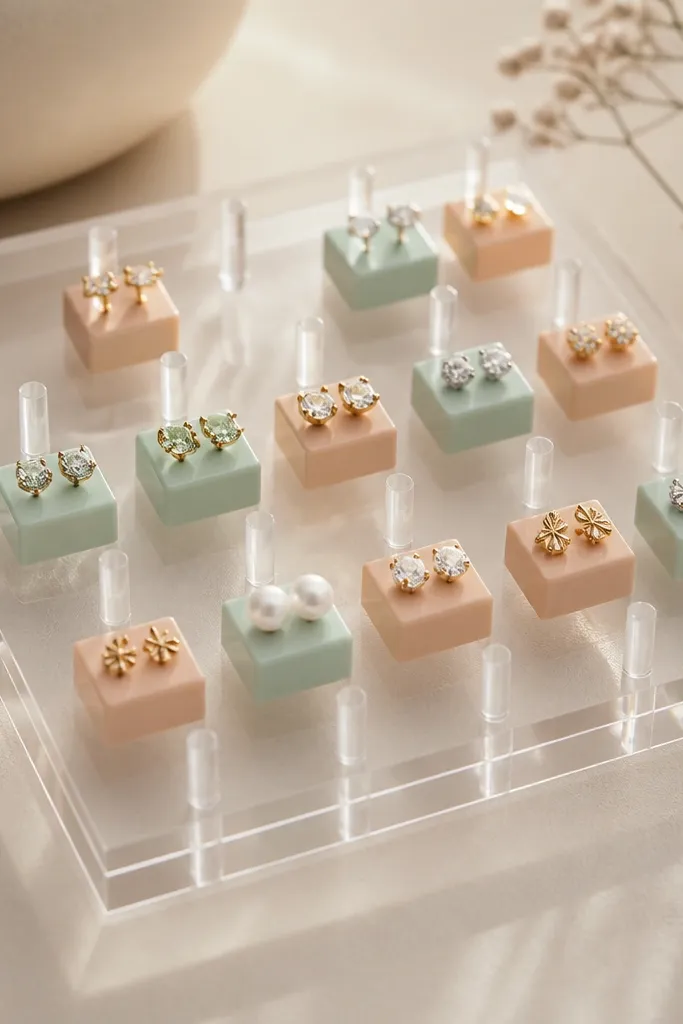 A clear acrylic base with small pegs rising in rows. Some pegs are surrounded by tiny pastel blocks (mint and peach) and stud earrings sit on the pegs.