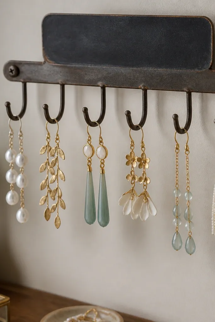 A small metal mug rack mounted on the wall with multiple cup hooks. Each hook holds a statement earring set, and a chalk label sits above reading 'Long drops'.