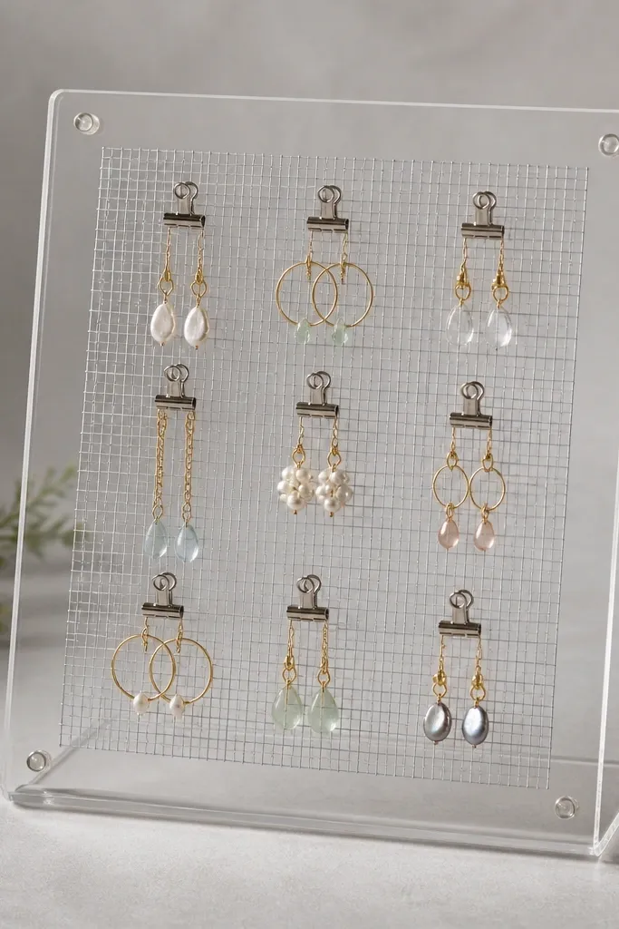 A clear acrylic photo frame holding a stretched wire mesh panel. Tiny binder clips clip earrings in place, and the background is a soft gray paper.
