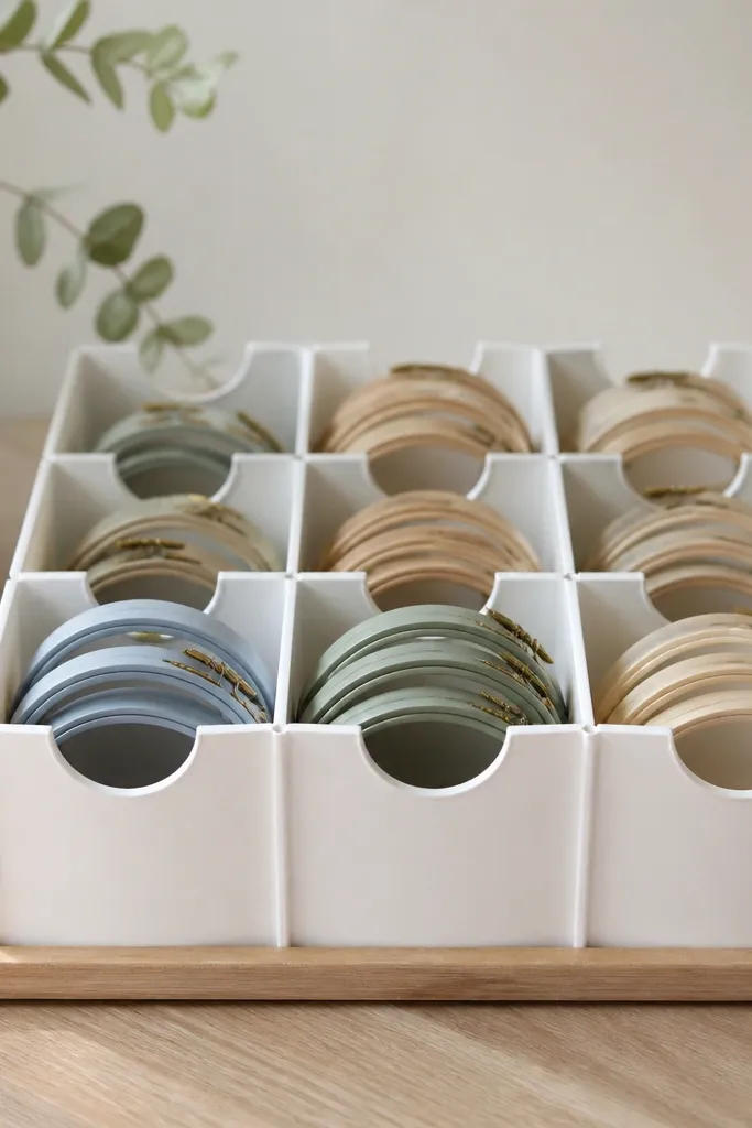 Short cut sections of white PVC glued into a grid on a board. Each section has a rounded notch on the top edge for hoop placement, and a few hoops are parked in each segment.