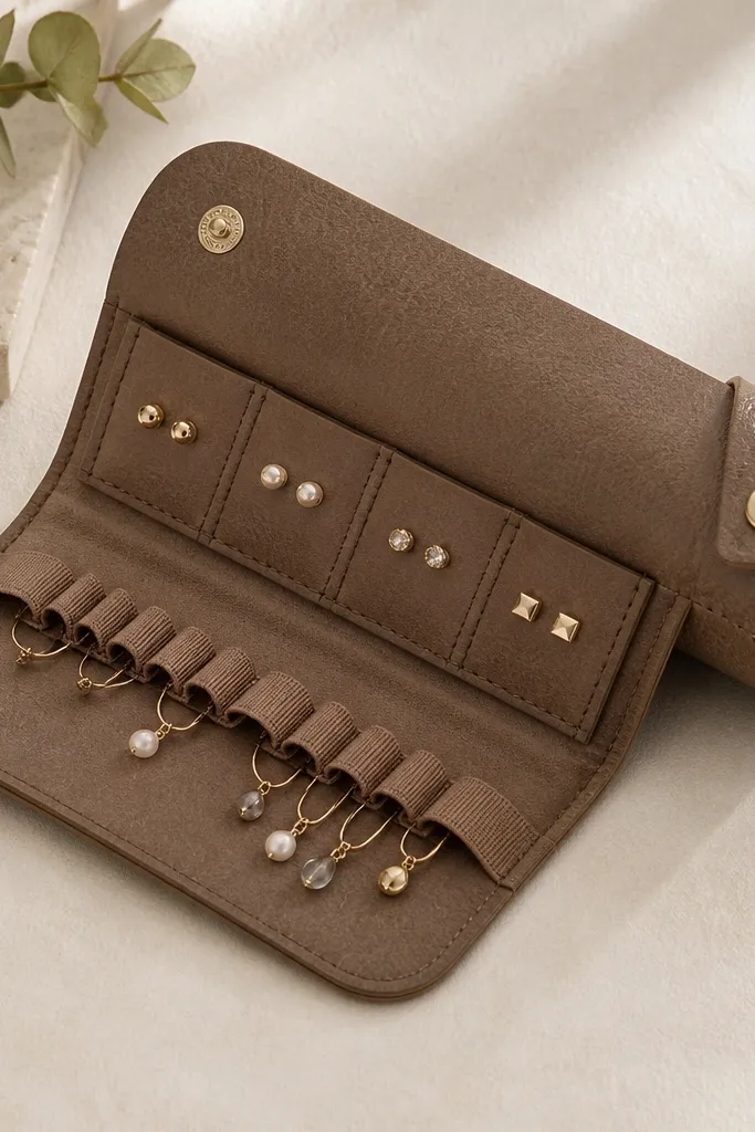 A rolled-up leatherette fabric strip with snap buttons. Inside are small sewn pockets holding stud pairs and a row of elastic loops for drops.