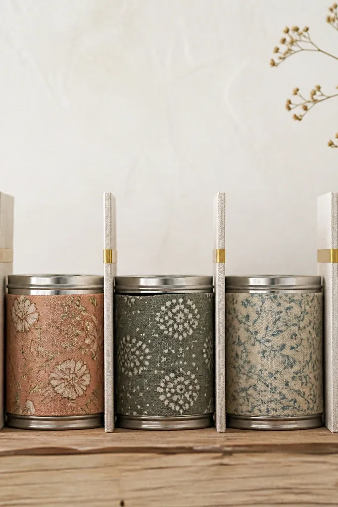 A set of small tin cans arranged in a row, each wrapped with patterned fabric. Between cans are thin fabric dividers labeled with a strip of gold washi tape.