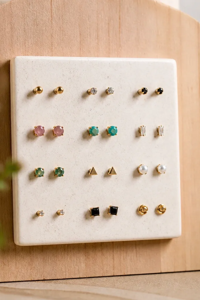 A small square tile mounted on a wood board with a grid of tiny brass pegs. Stud earrings sit upright on the pegs, and the tile background is off-white with slight speckle.