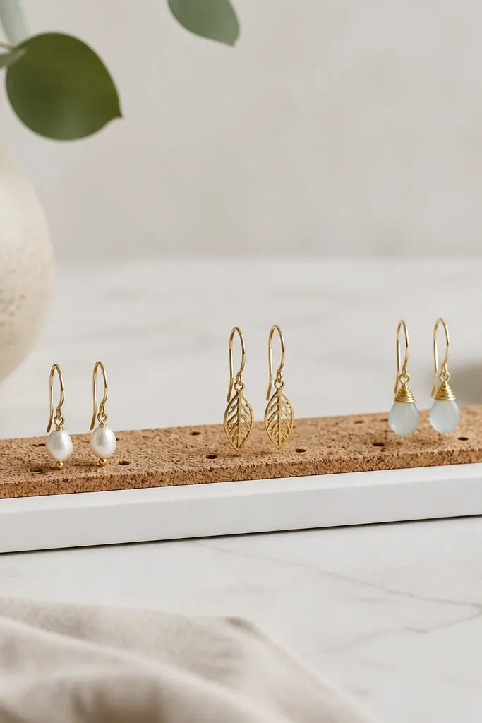 A cork strip mounted on a small painted board. There are evenly spaced holes and shallow slits, with a few lightweight dangle earrings inserted upright.