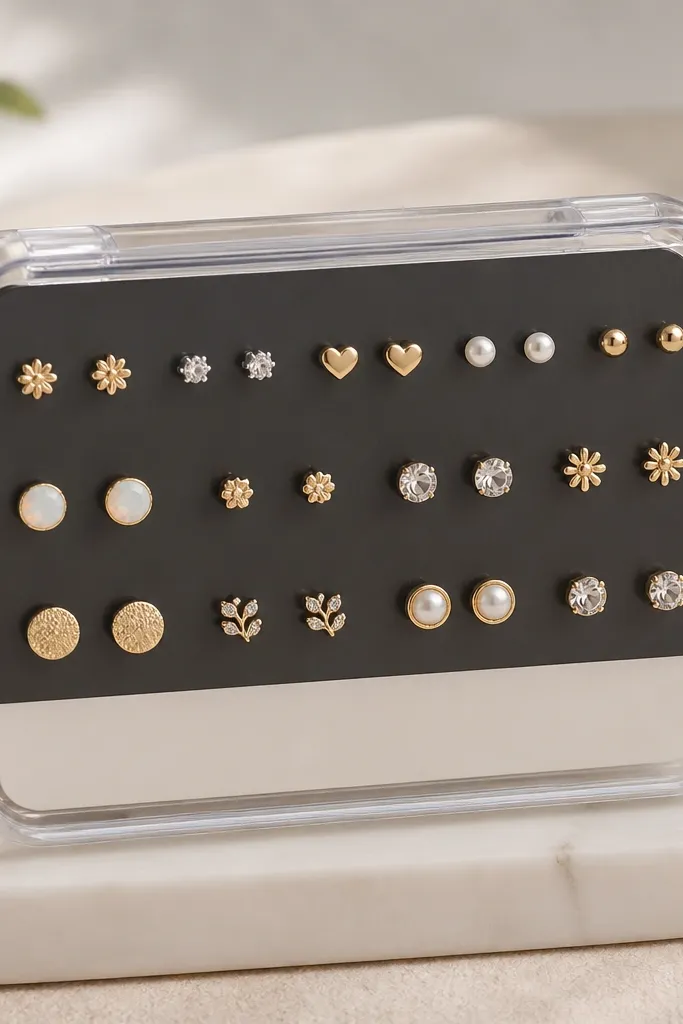 A clear-lidded plastic case with a thin magnetic sheet inside. Earrings with flat metal backs stick in rows, and a label strip runs along the bottom.