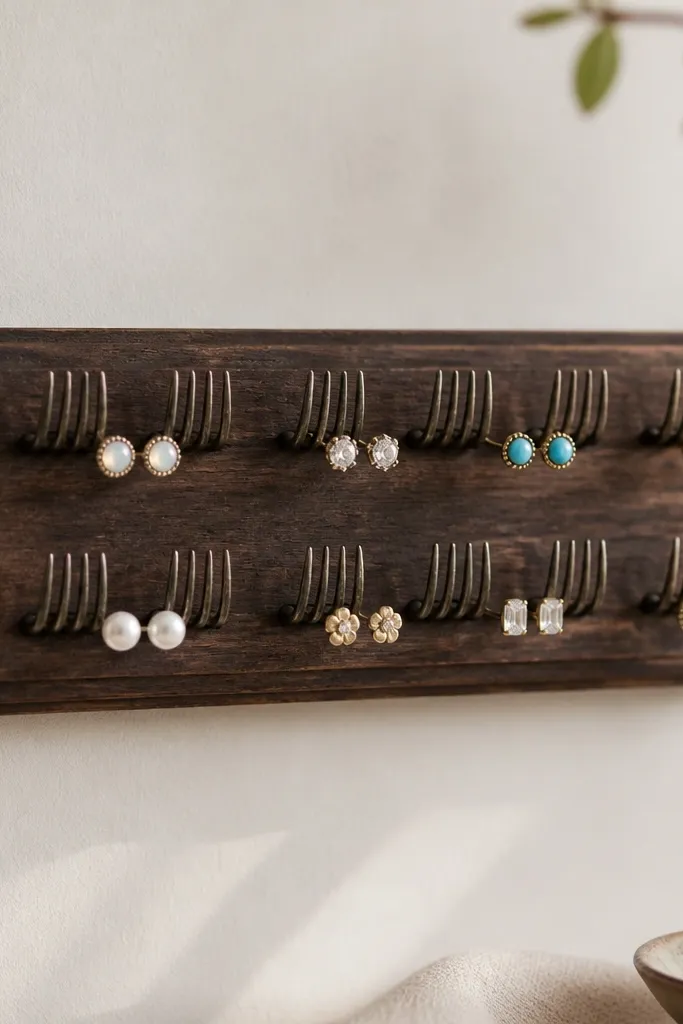 A small wooden rail with two rows of miniature hooks made from bent fork tines. Tiny stud earrings hang from the hooks, and the rail is stained dark walnut.