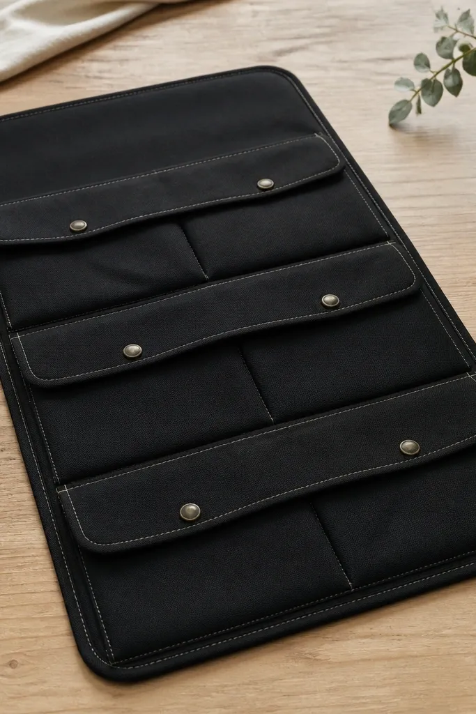 A fold-over fabric organizer laid flat on a table. It has three rows of small fabric pockets, each row closed with a snap button, and the fabric is black with light stitching.
