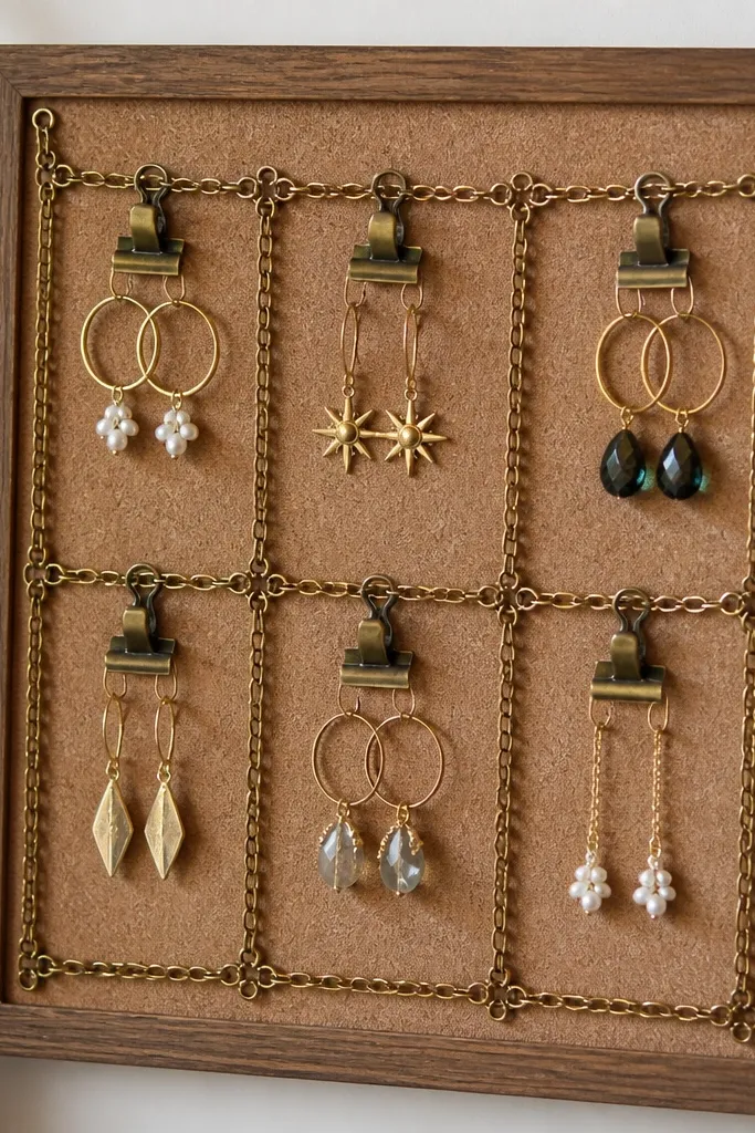A small cork or felt board with short brass chain sections forming rectangles. Mini binder clips attach to chain links, and earrings hang inside each rectangle.