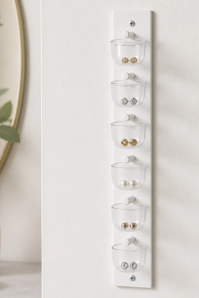 A white wall panel with a vertical strip of pegs and small clear plastic cups hanging beneath each peg. Stud pairs sit inside cups, visible through the clear plastic.