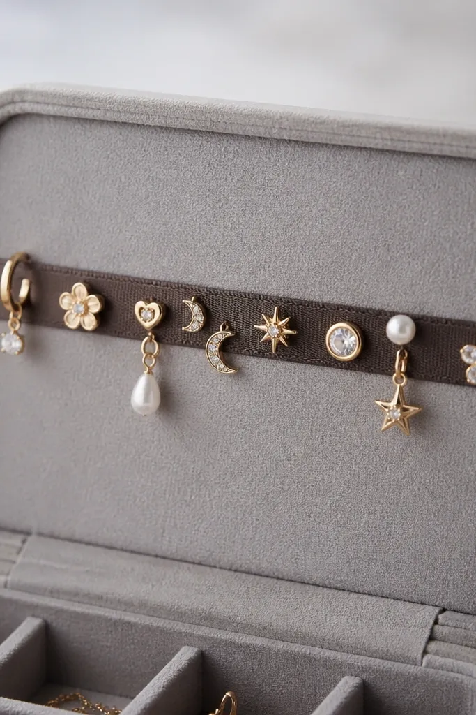 The inside lid of a small jewelry box lined with a strip of magnetic ribbon. Charms and small earrings are stuck in place, and the lid has a soft gray fabric backing.