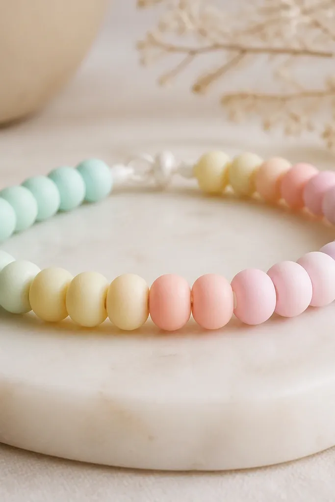 A bracelet with smooth pastel clay beads in a gradient: mint, pale yellow, blush pink, and light lavender. The beads line up like rungs, with thin white spacer beads between each rung.