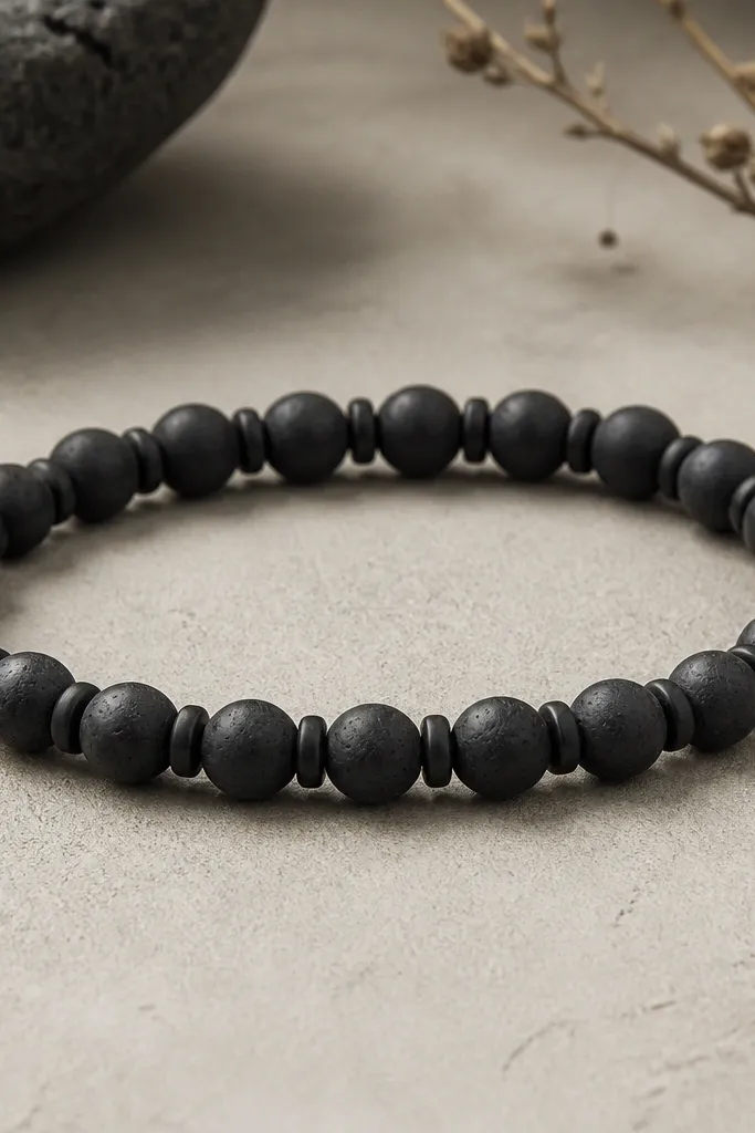 A minimalist bracelet featuring matte black clay beads with a few subtle charcoal specks. Between them are matte black metal spacers. The whole bracelet looks flat and uniform.