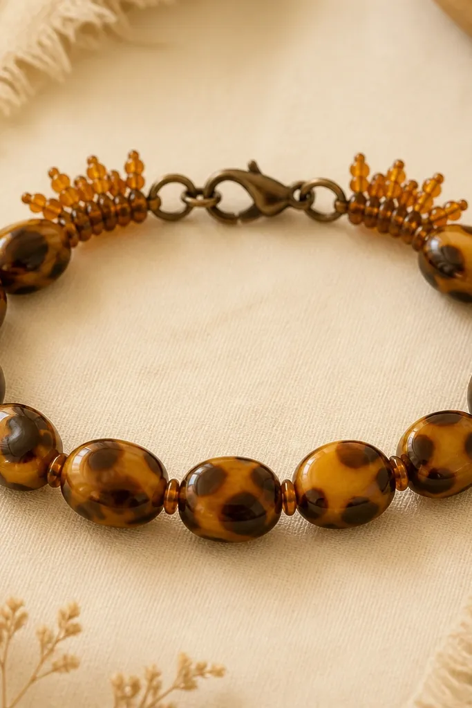 A warm-toned bracelet with tortoise shell patterned clay beads in honey and brown. Tiny amber seed beads form a short fringe at each clasp end, like a soft halo.