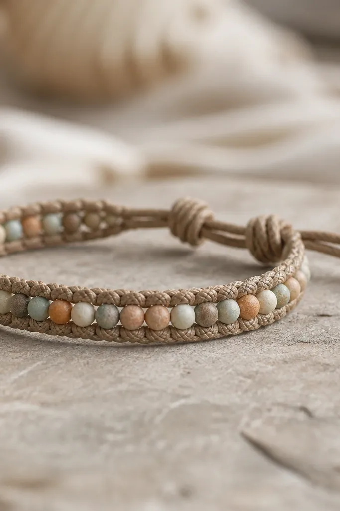 A braided-looking wrap bracelet made from waxed cord with clay beads threaded in a repeating pattern. The beads sit in the center ridge, and the ends tie into a double knot.
