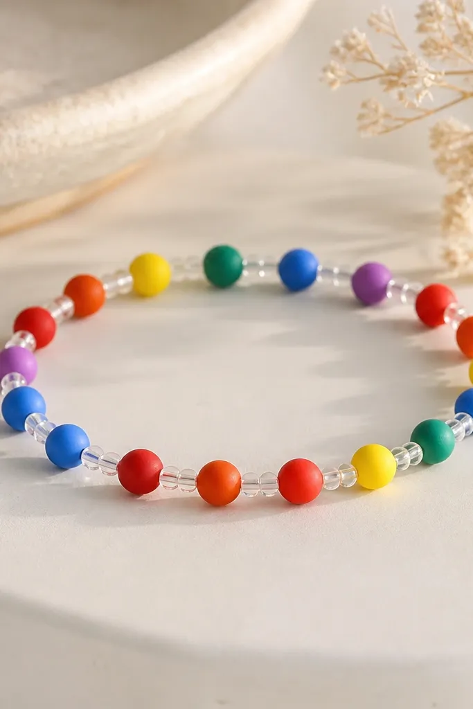 A bright rainbow bracelet with 6mm clay beads in red, orange, yellow, green, blue, and purple. Tiny clear seed beads fill the gaps between each bead, creating a sparkling thread.
