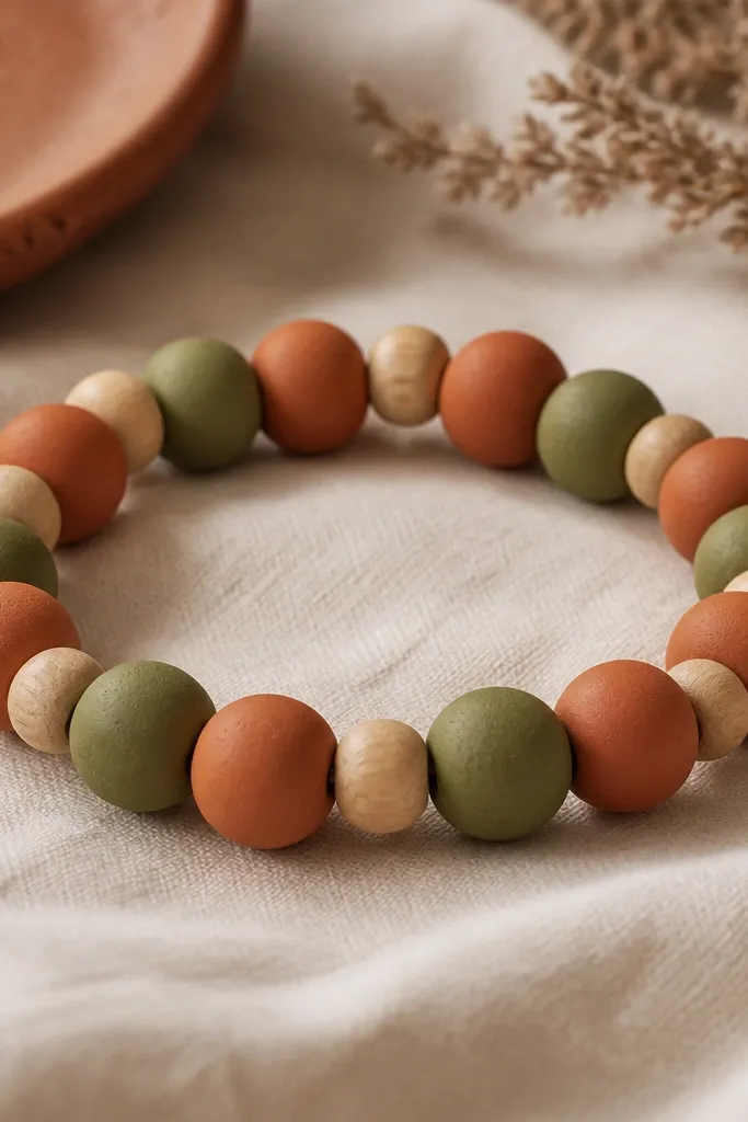 A warm earthy bracelet with terracotta and olive clay beads separated by small light wood beads. The bracelet has a hand-made, natural look.