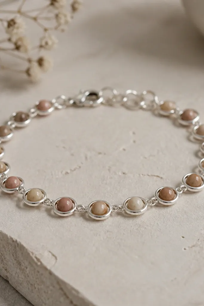 A bracelet with small clay beads that each sit inside a tiny silver ring frame. The rings repeat evenly, creating a halo effect around the clay.