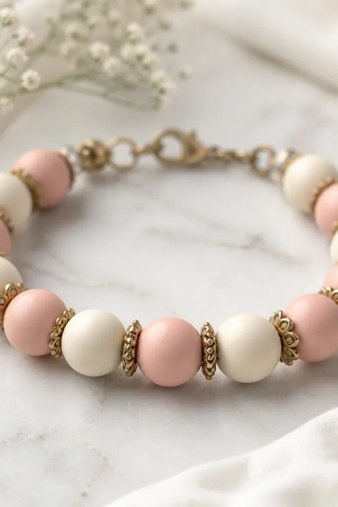 A bracelet with smooth clay beads (soft pink and cream) and small bead caps at the top and bottom edges of certain beads. The caps create a subtle crown effect.