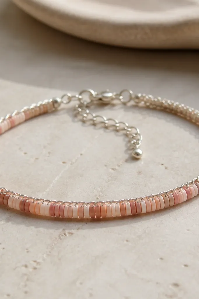 A bracelet where clay beads run across the center, and a thin silver chain link border sits at both edges. The clasp is a small extender chain.