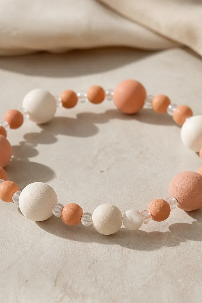 A bracelet with alternating sizes: 6mm clay beads paired with 10mm clay beads. The larger beads sit every few steps, creating a rhythmic pattern. Small clear spacers fill the gaps.