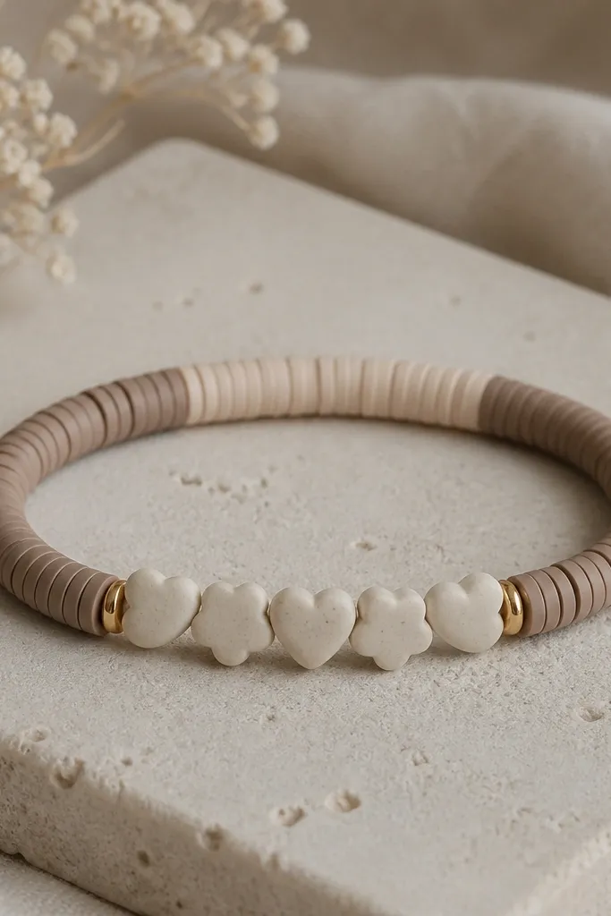 A bracelet with neutral clay beads in beige and taupe. In the center, a few letter-shaped beads spell a short pattern, then the rest returns to plain beads.