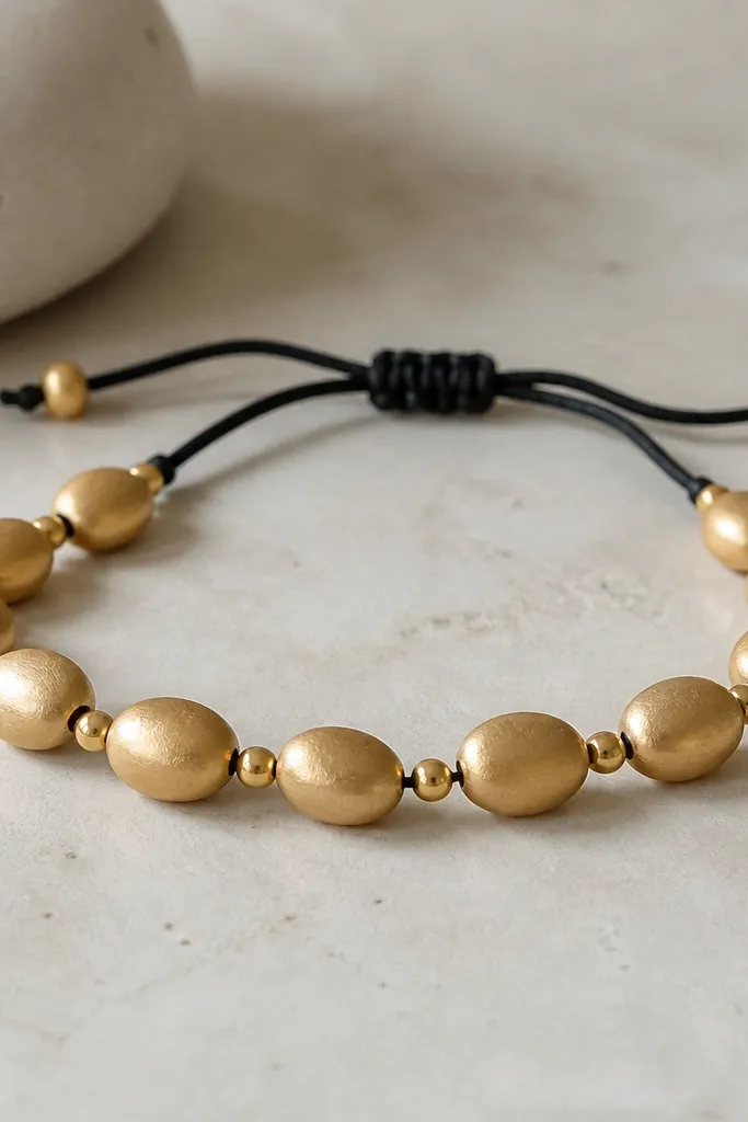 A bracelet made with brushed gold clay beads and a black cord tie at the back. The beads are spaced with tiny gold seed beads and the closure looks clean and intentional.
