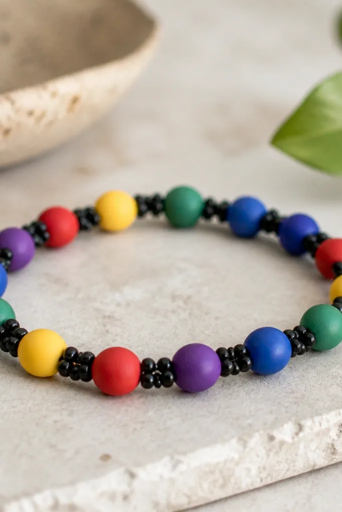 A bracelet with matte clay beads in red, yellow, green, blue, and purple. Between each bead are tiny black seed beads that form a subtle grid pattern.