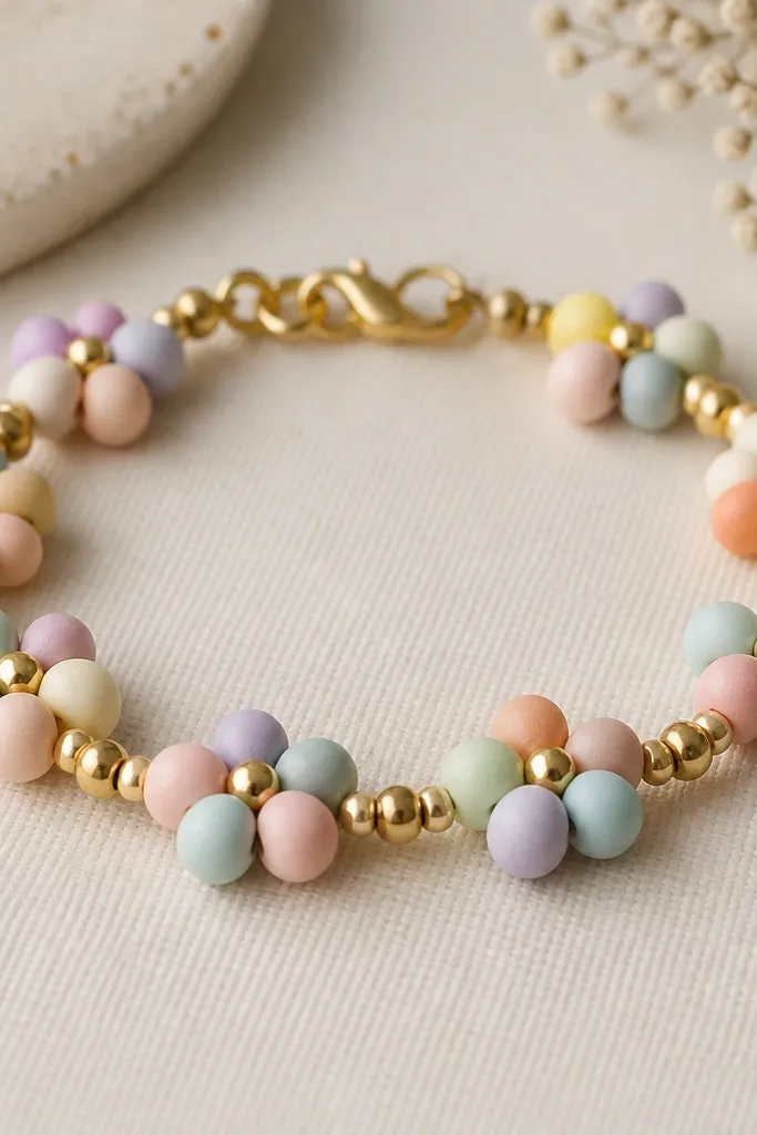 A bracelet with five-bead clusters that look like starbursts. Each cluster uses pastel clay beads radiating around a tiny bright center bead. The rest of the bracelet repeats the clusters with small spacers.
