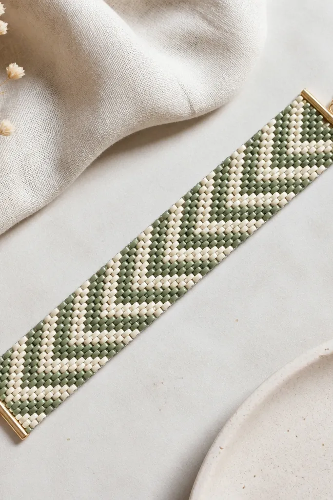 A bracelet laid flat showing a zigzag chevron pattern made from clay beads. Two colors alternate in diagonal rows, giving a V shape across the bracelet band.
