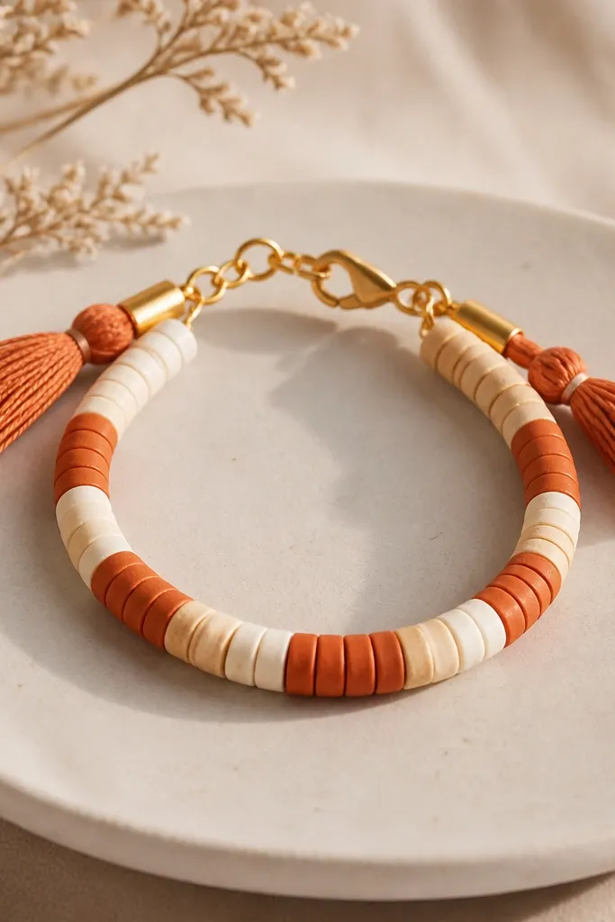 A bracelet with clay beads in warm terracotta and cream. Both ends have a small tassel made from thin thread strands attached near the clasp, with a neat knot and a tiny metal end cap.