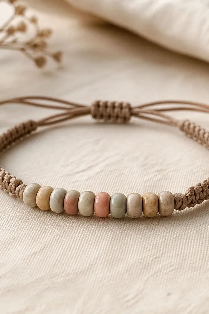 A bracelet with a line of clay beads across the center, and macrame-style woven knots on both sides. The knots look tight and even, with a small sliding closure.
