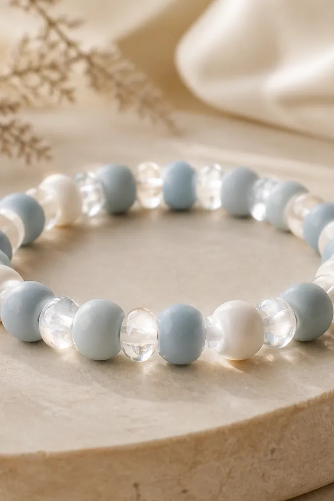 A bracelet with translucent clear glass spacers between matte clay beads in pale blue and white. The clear pieces catch light and make the bracelet look like it's lit from within.
