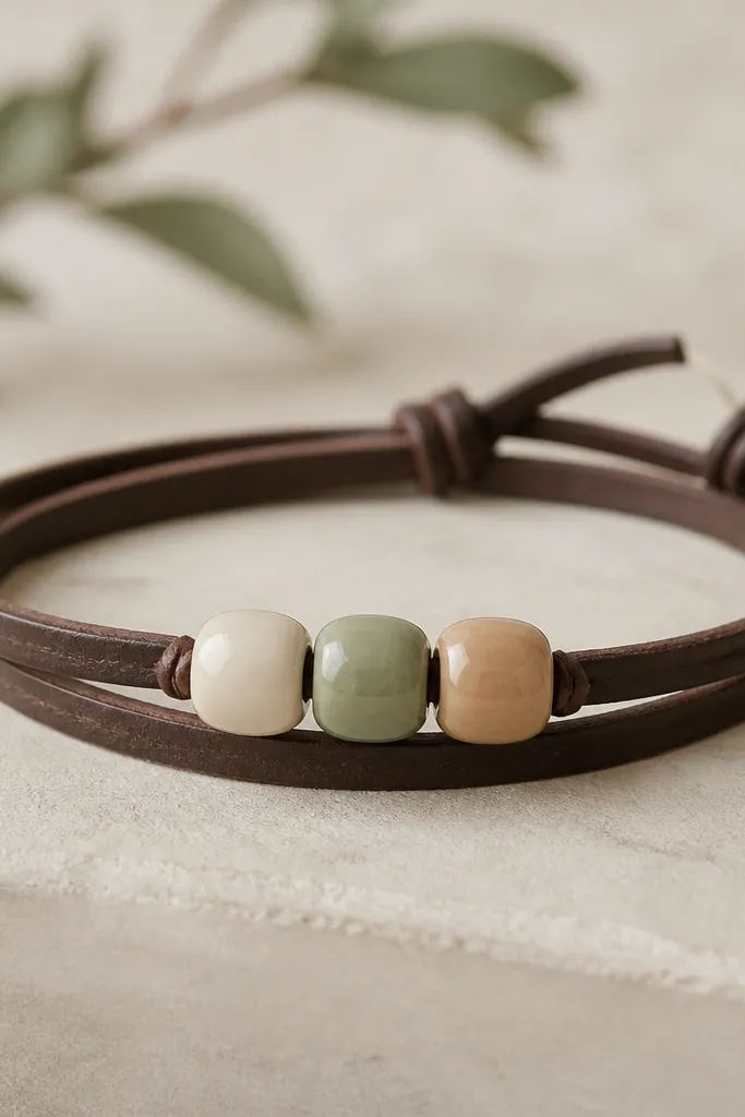 A leather cord wrap bracelet with three clay beads centered on the front. The leather looks flat and dark brown, and the beads are glossy cream, sage, and tan.