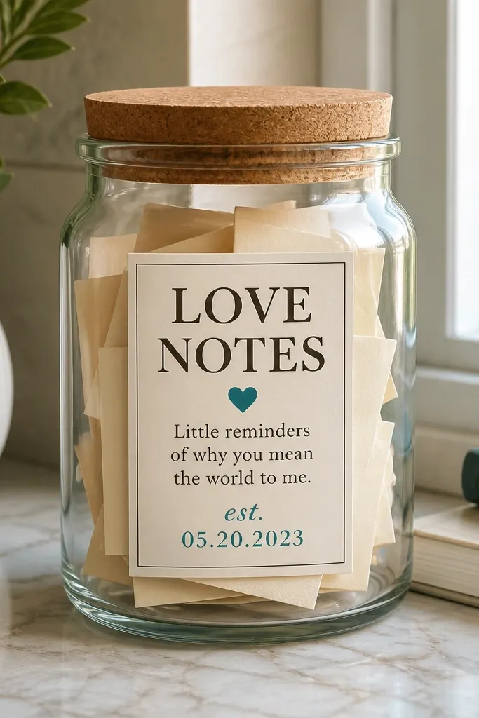 A small glass jar with a cork lid. A cream cardstock label wraps around the jar with two bold lines: latitude and longitude printed in black, plus a short date in a script-style font. The jar holds folded paper strips, and the label edges look laminated with clear tape.