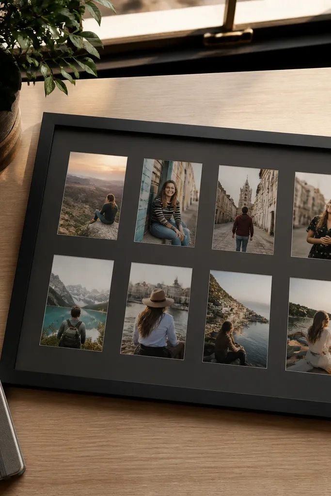 A small tabletop frame made from a piece of matte black foam board. Four photo strips are taped in a grid. Each strip has a tiny white label above it, and the whole frame has a glossy clear tape border.