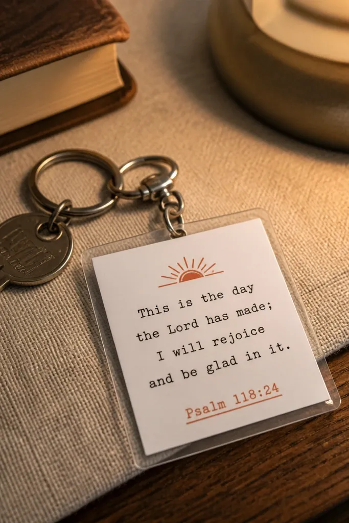 A keychain with a metal split ring. A small rectangle pendant has a clear glossy laminate over printed lyric text. The edges are rounded, and there's a tiny hole punched at the top with a jump ring.