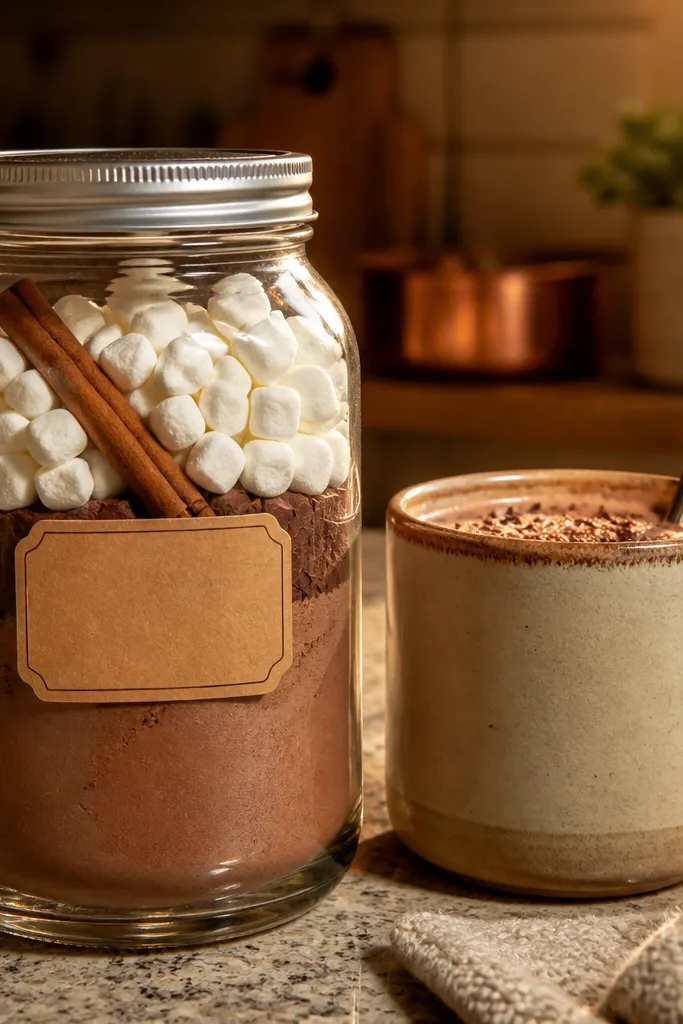 A tall jar filled with layered cocoa mix, mini marshmallows, and cinnamon sticks. A chalk-style label on kraft paper wraps around the jar. A small spoon sits next to the jar in a kraft paper bag.