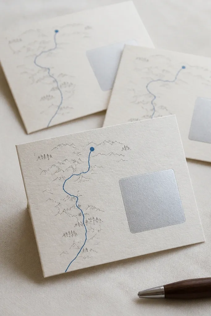 A small handmade card set with a minimalist map illustration. Each card has a shiny silver scratch-off square covering a message. The map has a thin blue route line.