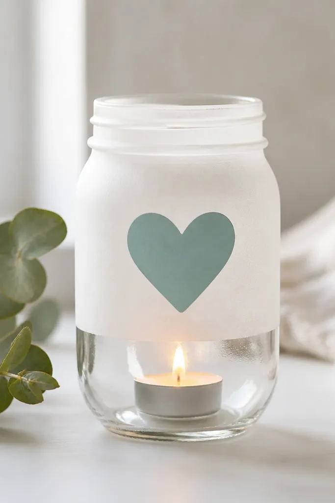 A clear mason jar painted with frosted white paint around the top half. A stencil heart in muted teal sits centered. The jar has a battery tea light inside. The painted area looks smooth with no drips.