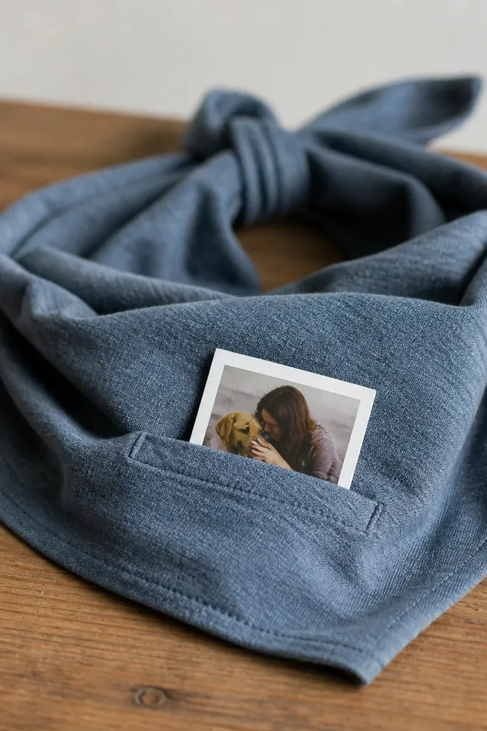 A soft bandana made from a worn cotton t-shirt. It has a corner pocket holding a small printed photo. The fabric shows subtle heather texture, and the pocket opening is stitched neatly.