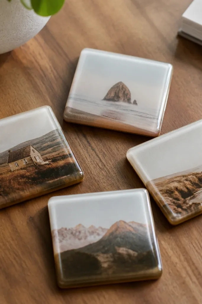 Four square coasters on a wooden desk. Each coaster has a small photo in the center with a clear resin or glossy top coat. The edges are sealed and look smooth, not bumpy.