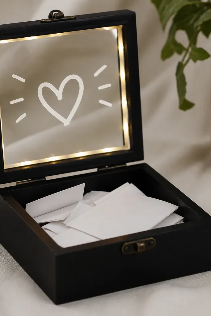 A small wooden box painted black. Inside are folded note slips. The lid has a clear plastic window with a glowing LED strip and a handwritten message in white paint pen.