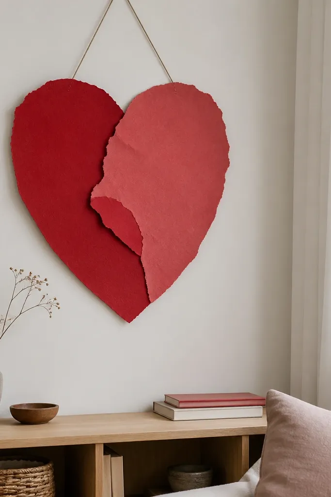 A small wall hanging made from a wooden embroidery hoop. Inside, torn paper pieces form a heart shape. The background is off-white, and the heart is built from red and blush paper strips with rough edges.